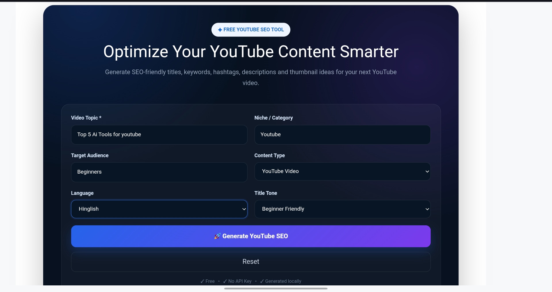Youtube SEO  mein video topic, niche, audience, language, content type aur title style bharne ka screen