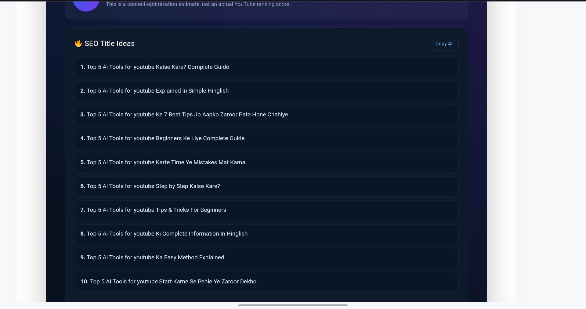 Youtube SEO Tool kai generated SEO package ka pehla screenshot