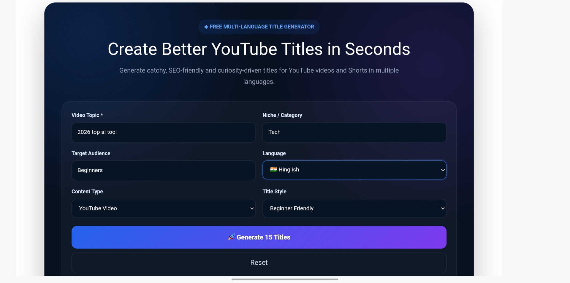 AllIdeaHub YouTube Title Generator ke input fields mein topic, niche, audience, language aur title style bharne ka screenshot