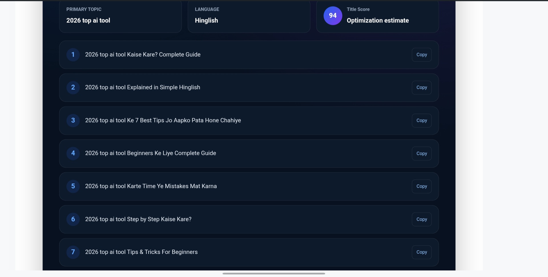 YouTube Title Generator ke generated title ideas aur Title Score ka pehla screenshot