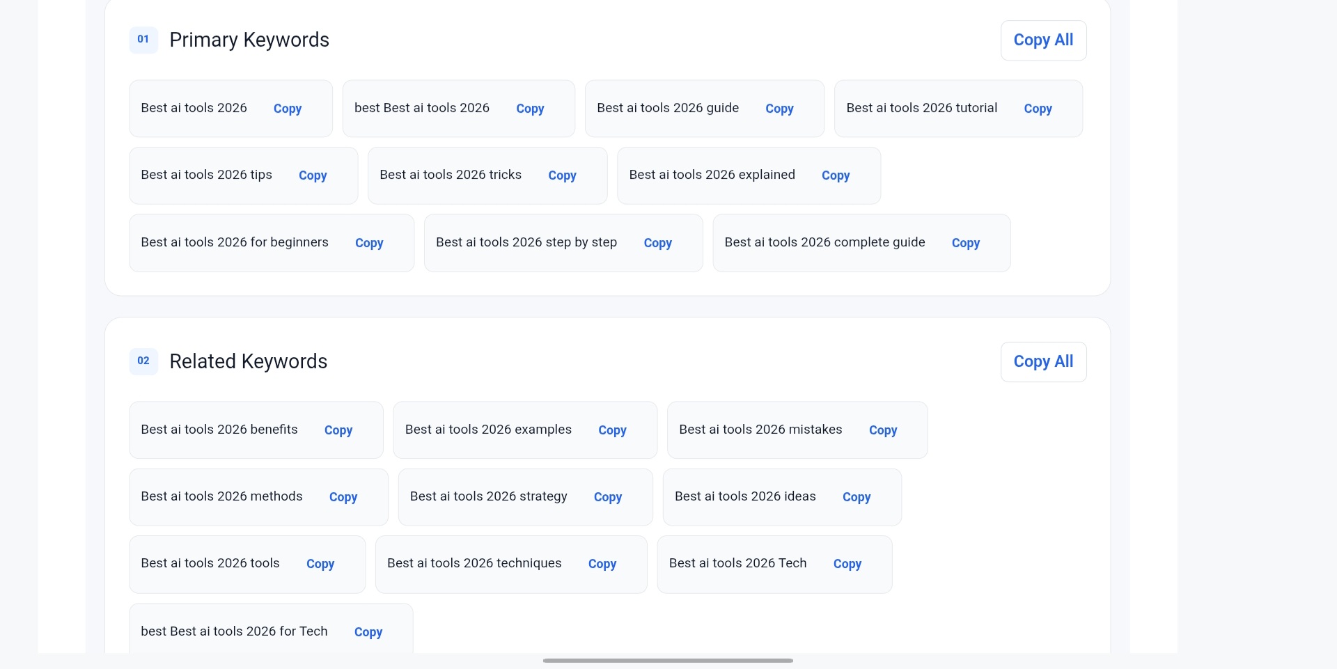 Keyword Generator ke primary aur related keyword ideas ka output
