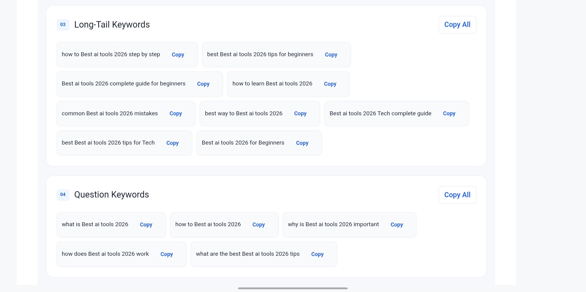 Keyword Generator ke long-tail aur question keyword ideas ka output