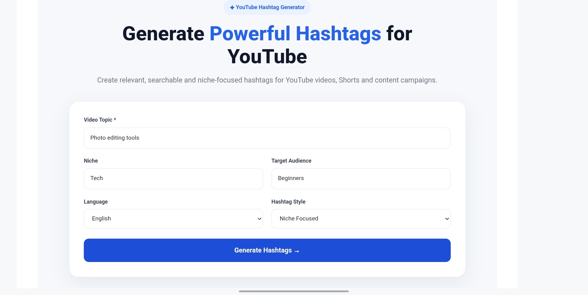 Hashtag Generator mein video topic, niche, target audience, language aur hashtag style bharne ka screen