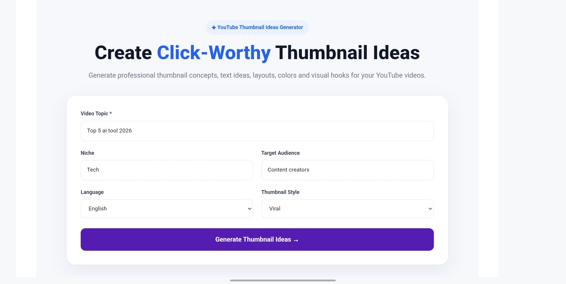 Thumbnail Ideas Generator mein video topic, niche, target audience, language aur thumbnail style bharne ka screen