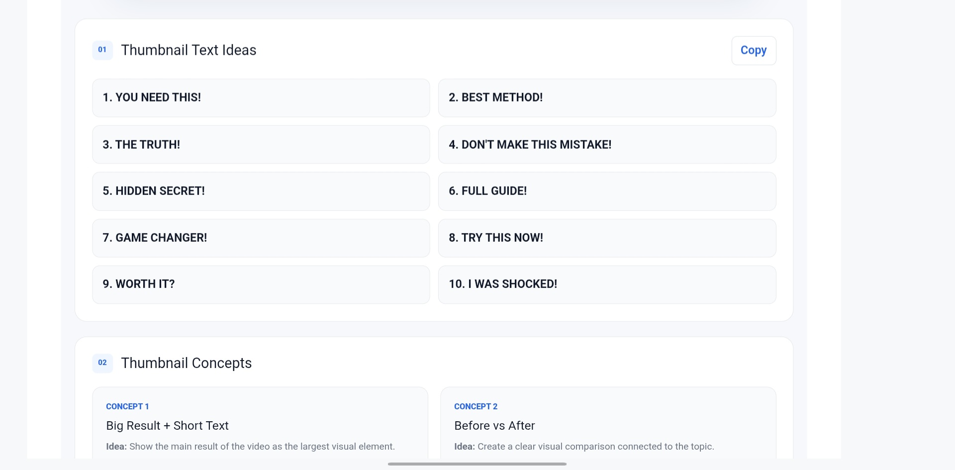 Thumbnail Ideas Generator ka output, pehla hissa: generated thumbnail text, concepts aur design ideas