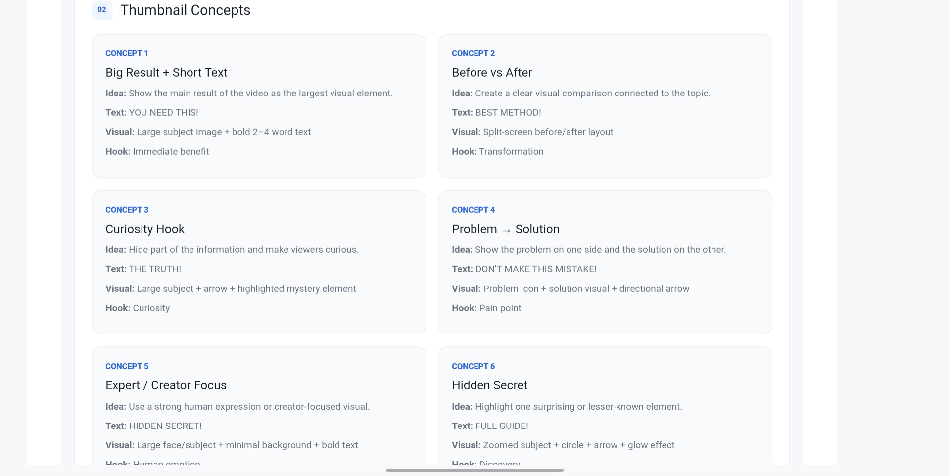 Thumbnail Ideas Generator ka output, doosra hissa: generated thumbnail text, concepts aur design ideas