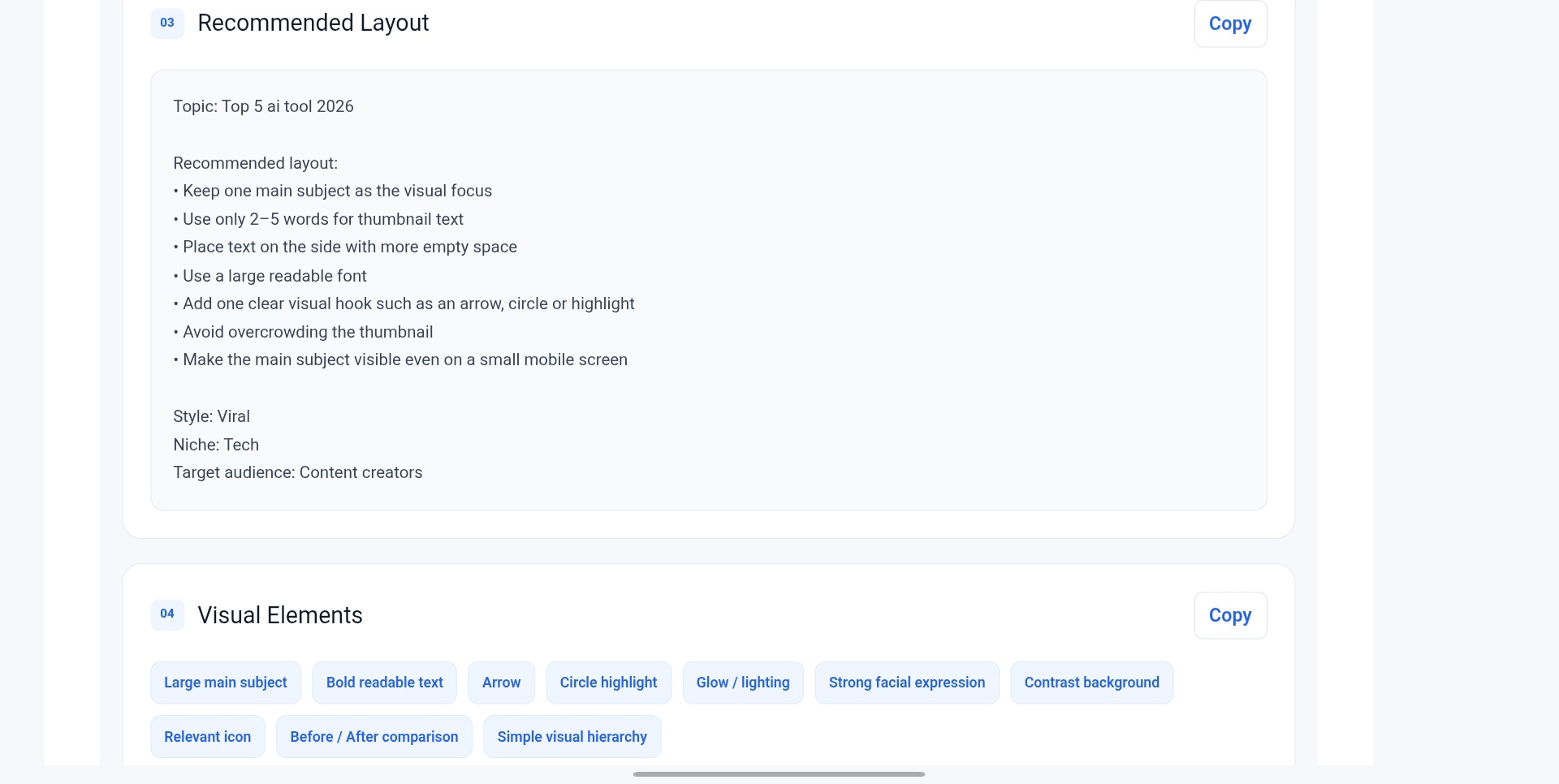 Thumbnail Ideas Generator ka output, teesra hissa: generated thumbnail text, concepts aur design ideas