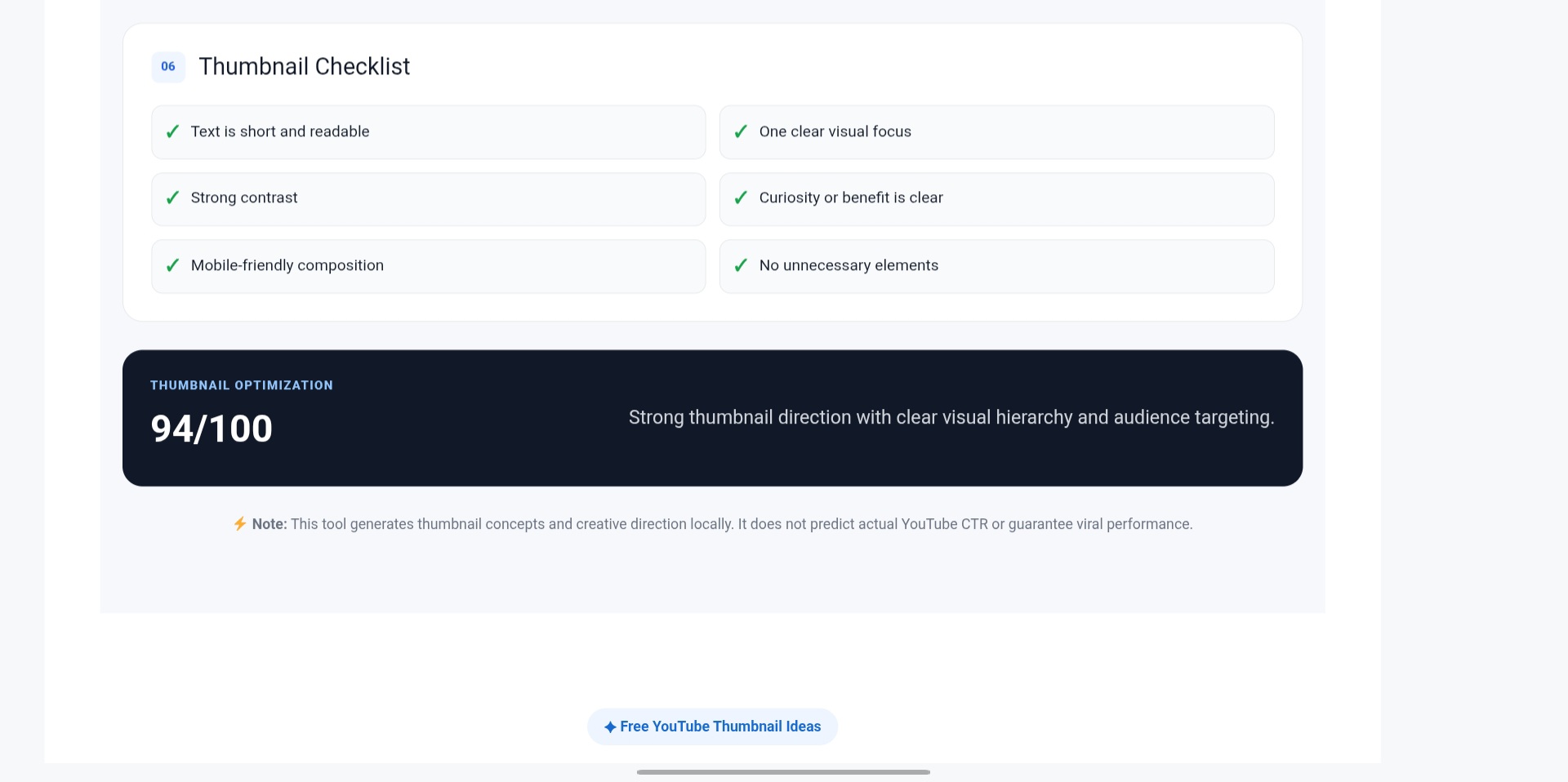 Thumbnail Ideas Generator ka output, paanchva hissa: generated thumbnail text, concepts aur design ideas